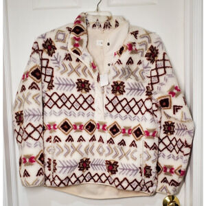 Lou & Grey Women’s Sherpa Fleece Pullover XS White Cream Aztec Pattern Half‑Snap